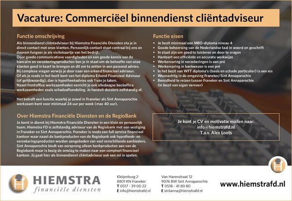 Vacature: commerciëel binnendienst cliëntadviseur